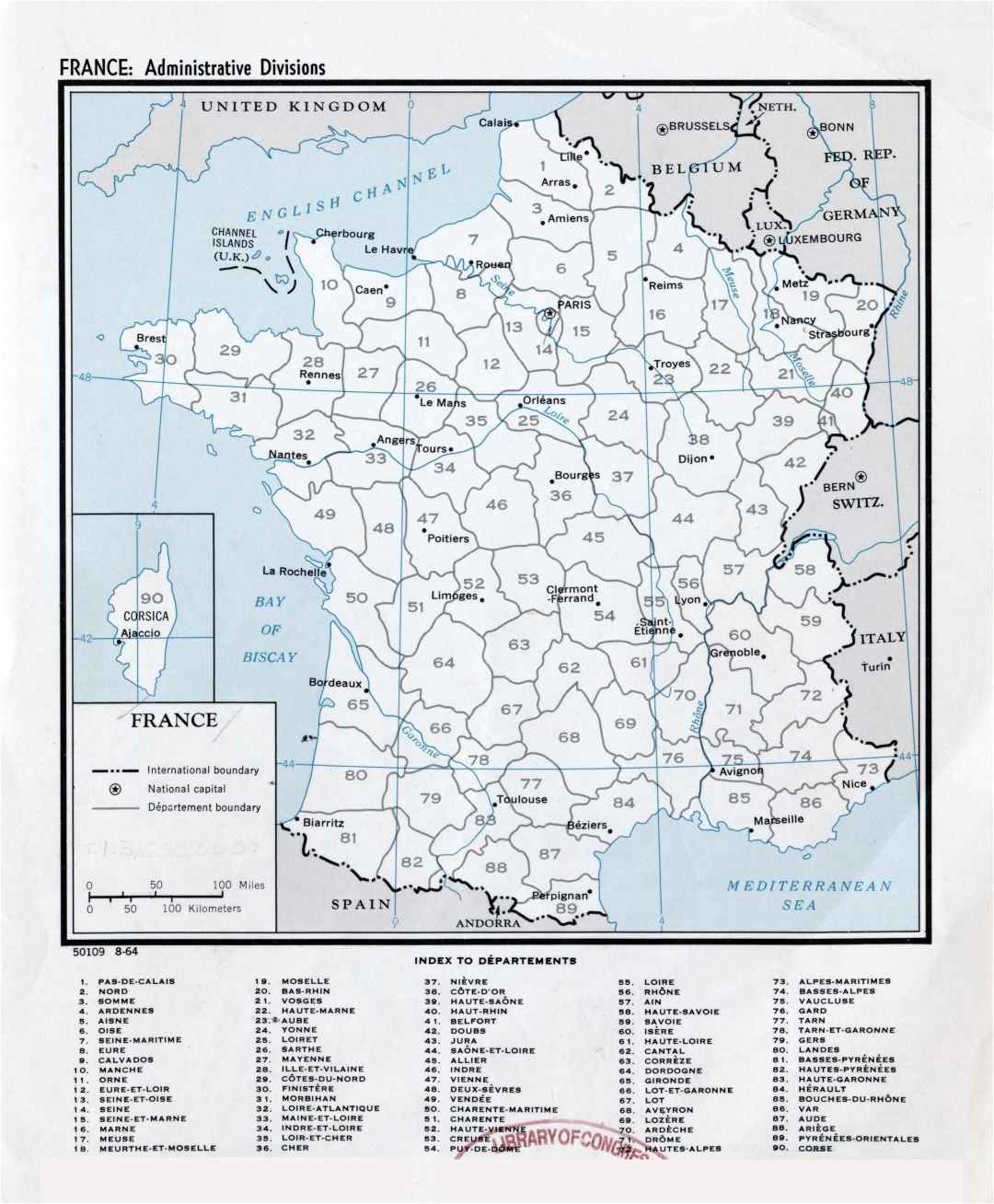 Gran escala divisiones administrativas mapa de Francia - 1964