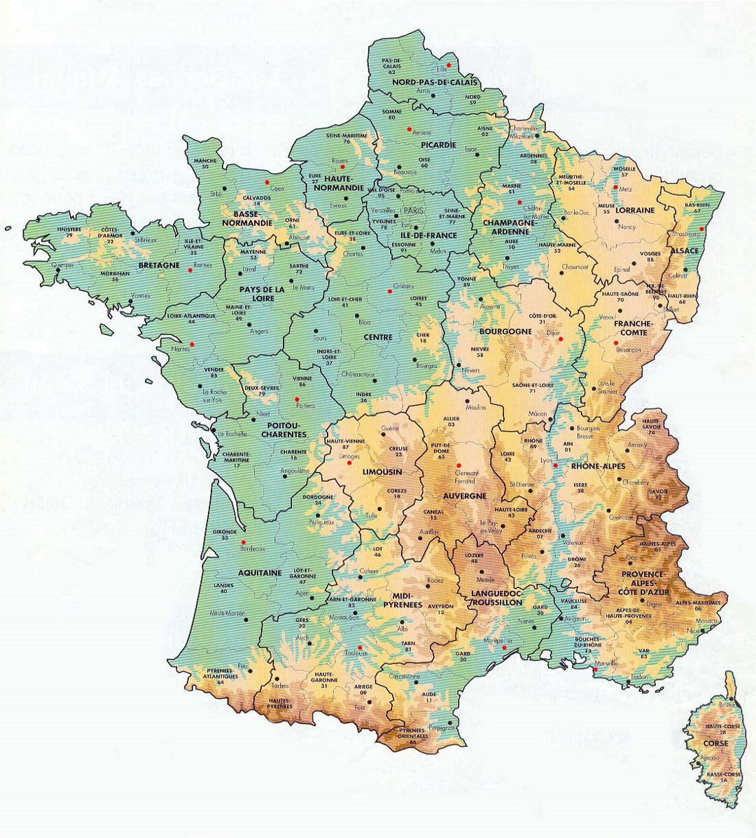 Mapa de elevación grande de Francia con las divisiones administrativas