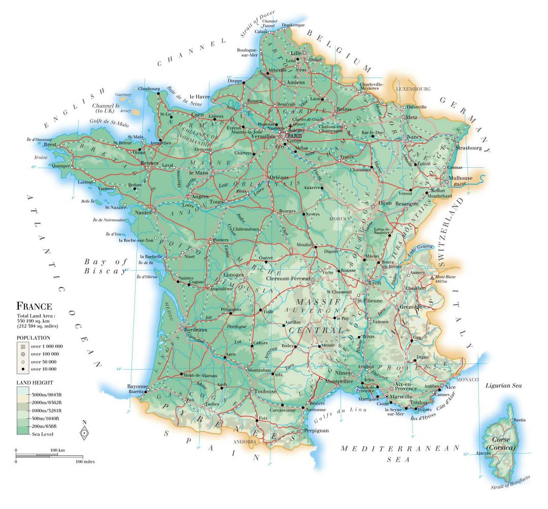 Mapa físico detallado de Francia, con carreteras, ciudades y aeropuertos