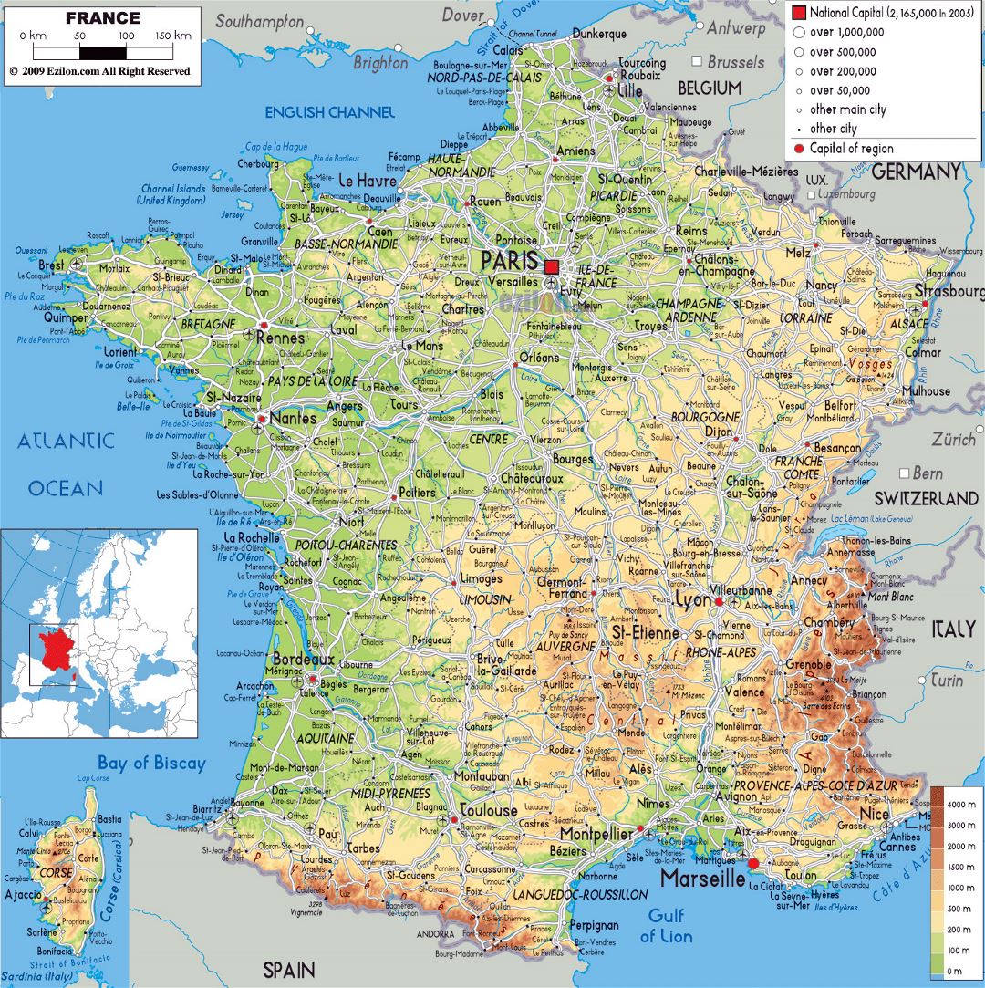 Mapa físico grande de Francia, con carreteras, ciudades y aeropuertos