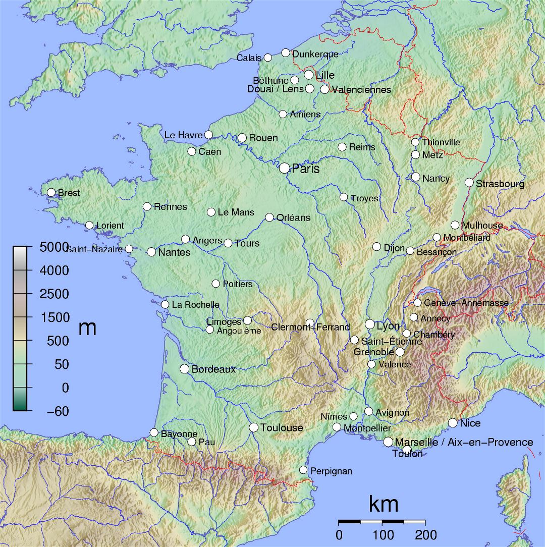 Mapa físico grande de Francia