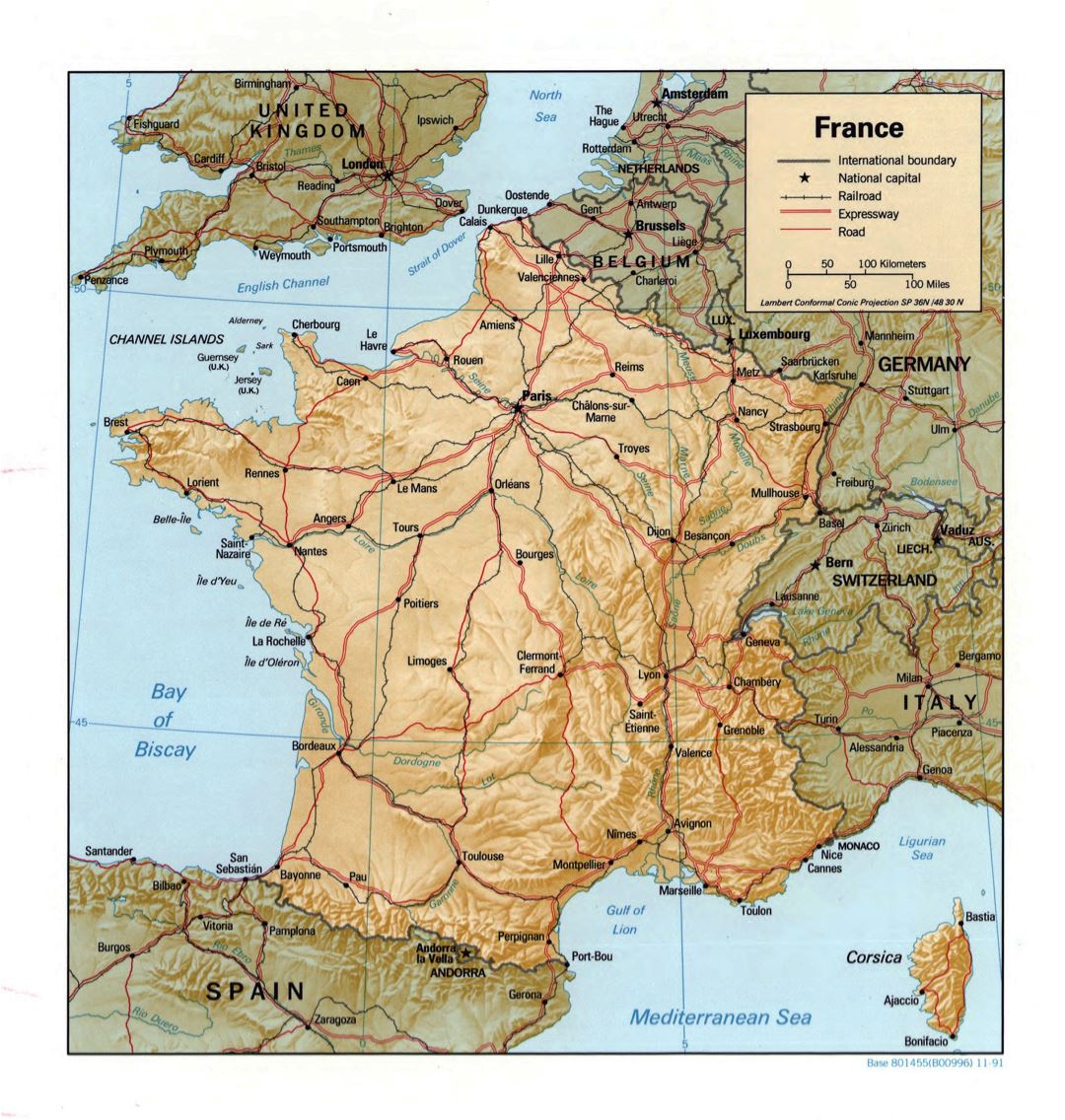 Mapa grande detallada política de Francia con alivio - 1991