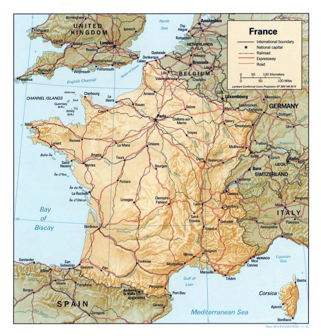 Mapa político detallado de Francia, con alivio, las carreteras y las principales ciudades - 1991