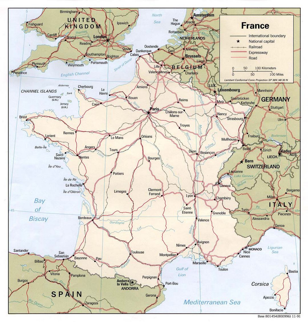 Mapa político grande de Francia - 1991