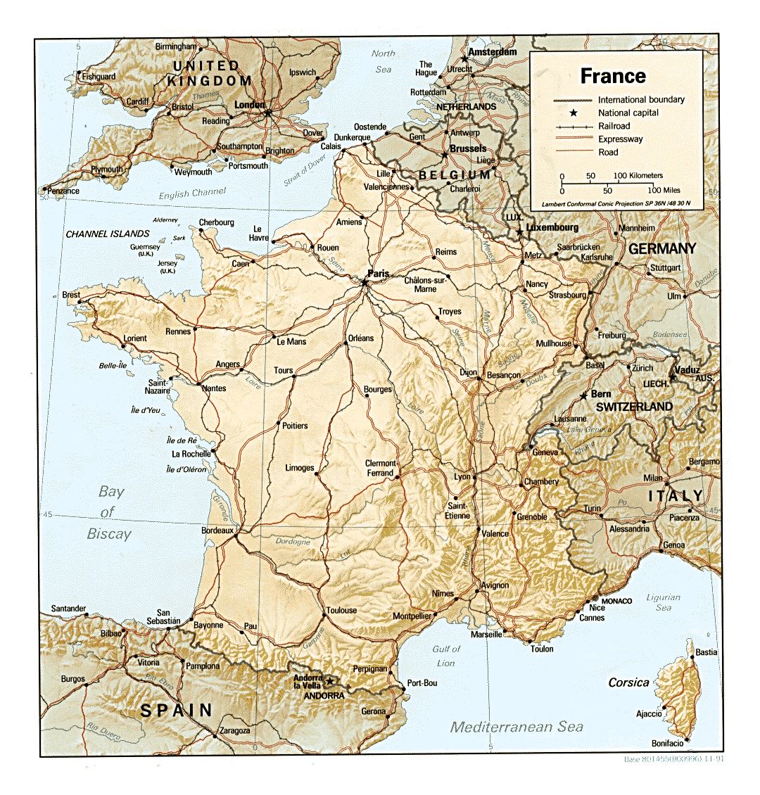 Mapa político grande de Francia con alivio - 1991