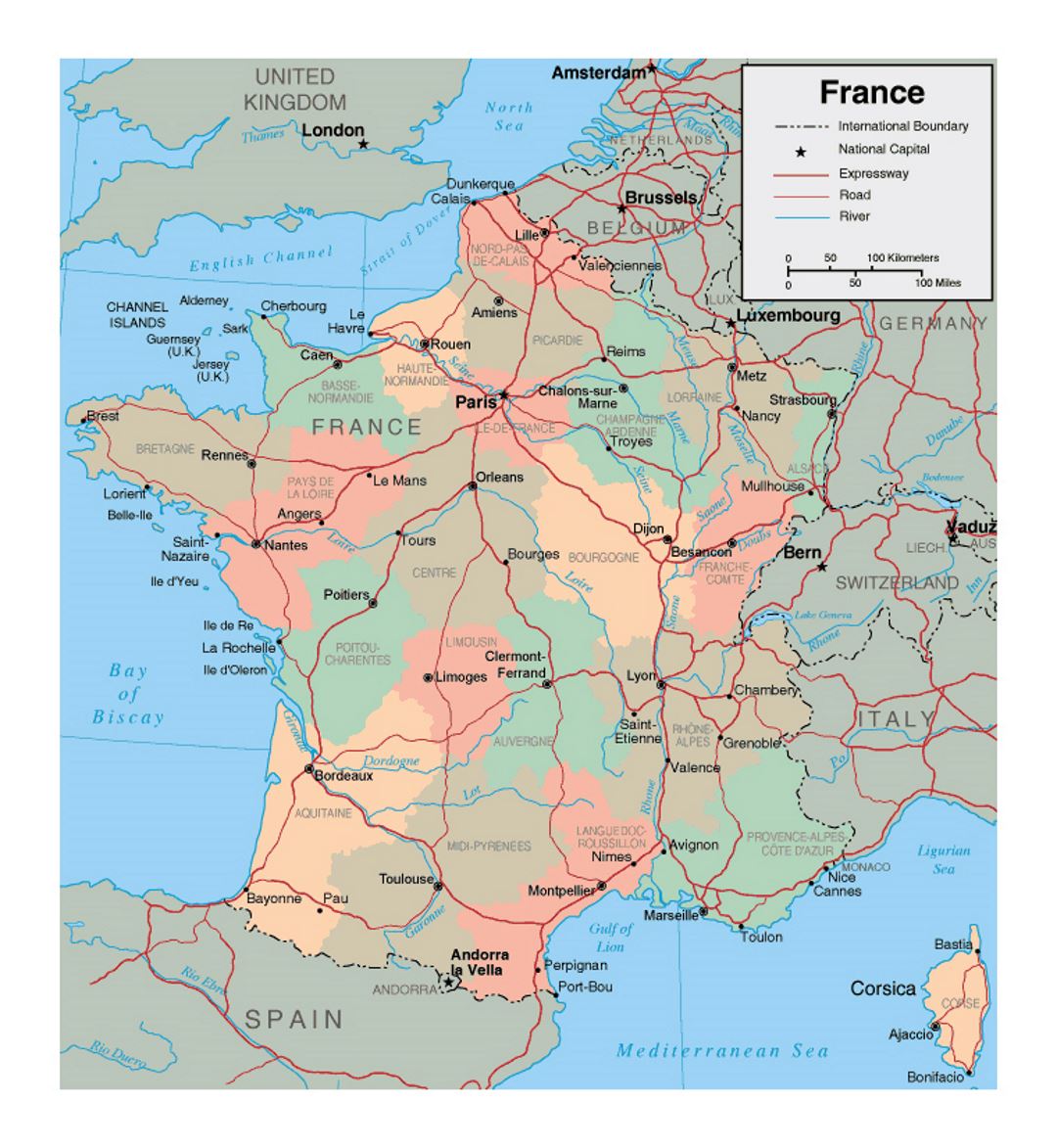 Mapa político y administrativo de Francia con las principales ciudades