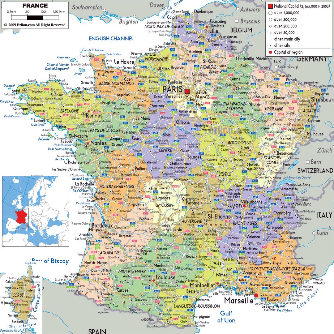 Mapa político y administrativo grande de Francia, con carreteras, ciudades y aeropuertos