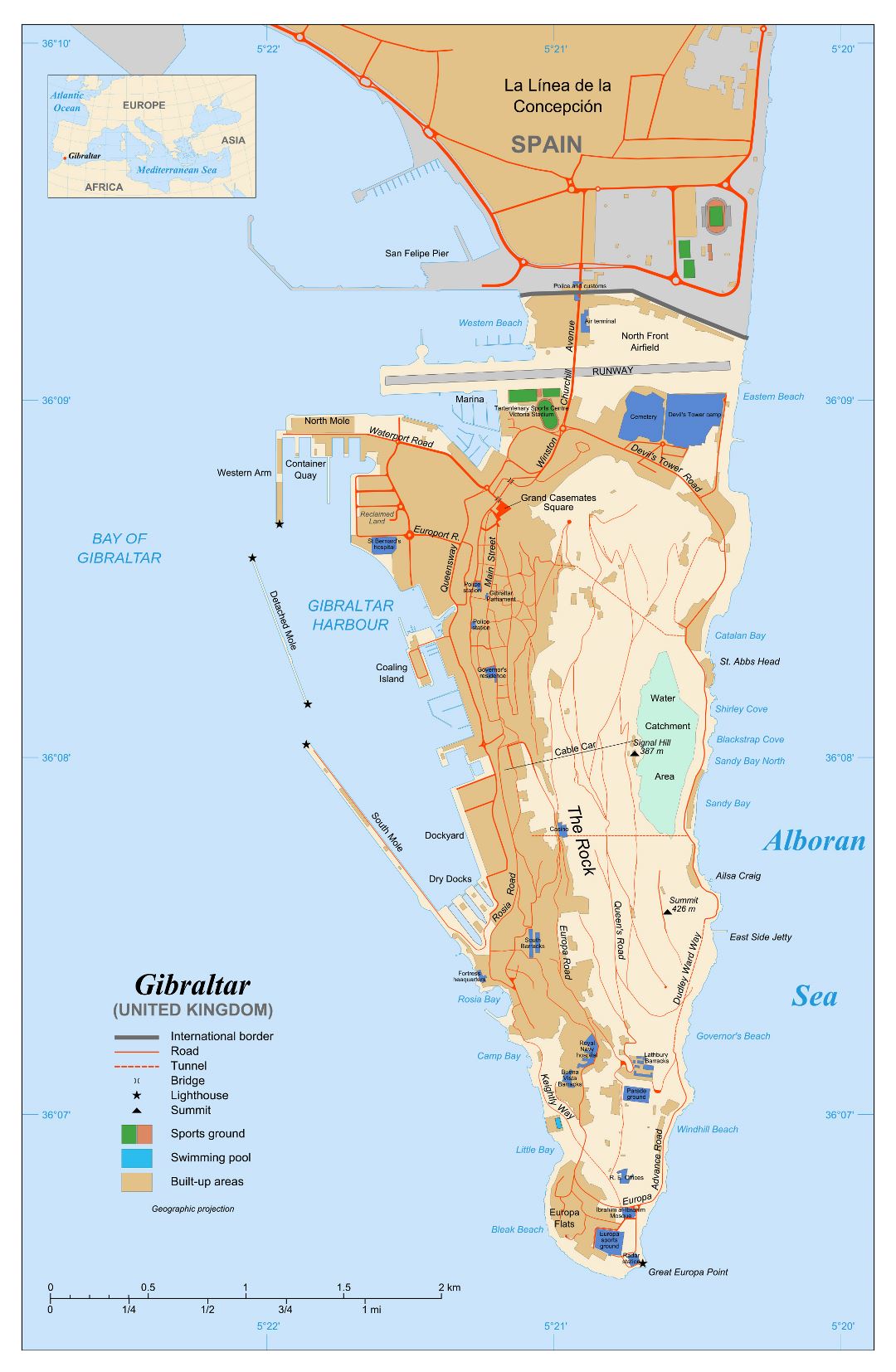 Gran mapa detallado de Gibraltar con carreteras