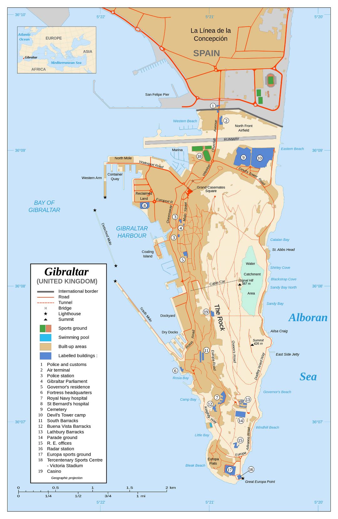Gran mapa detallado de Gibraltar con edificios