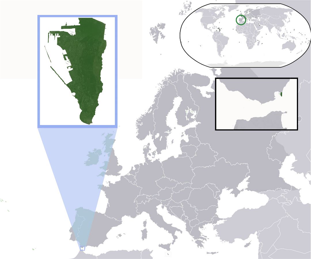 Grande mapa de ubicación de Gibraltar