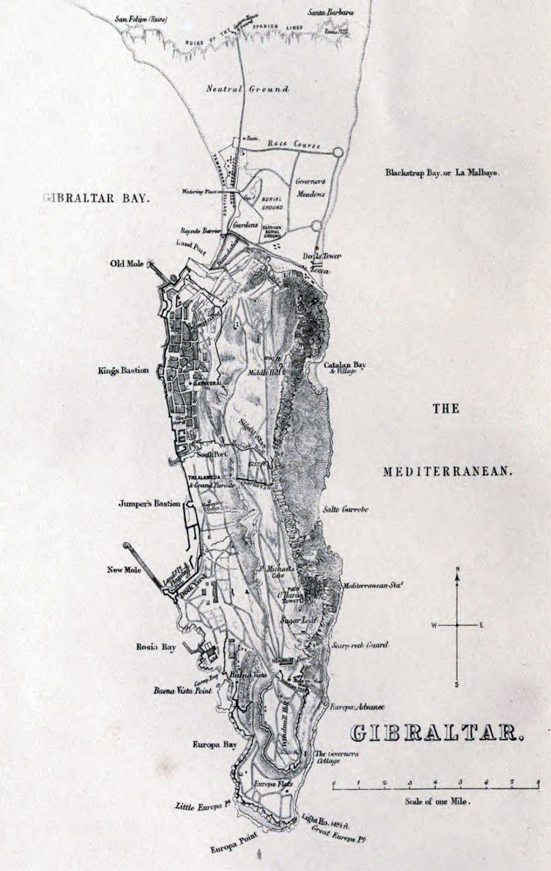 Mapa grande antigua detallada de Gibraltar con alivio - 1873