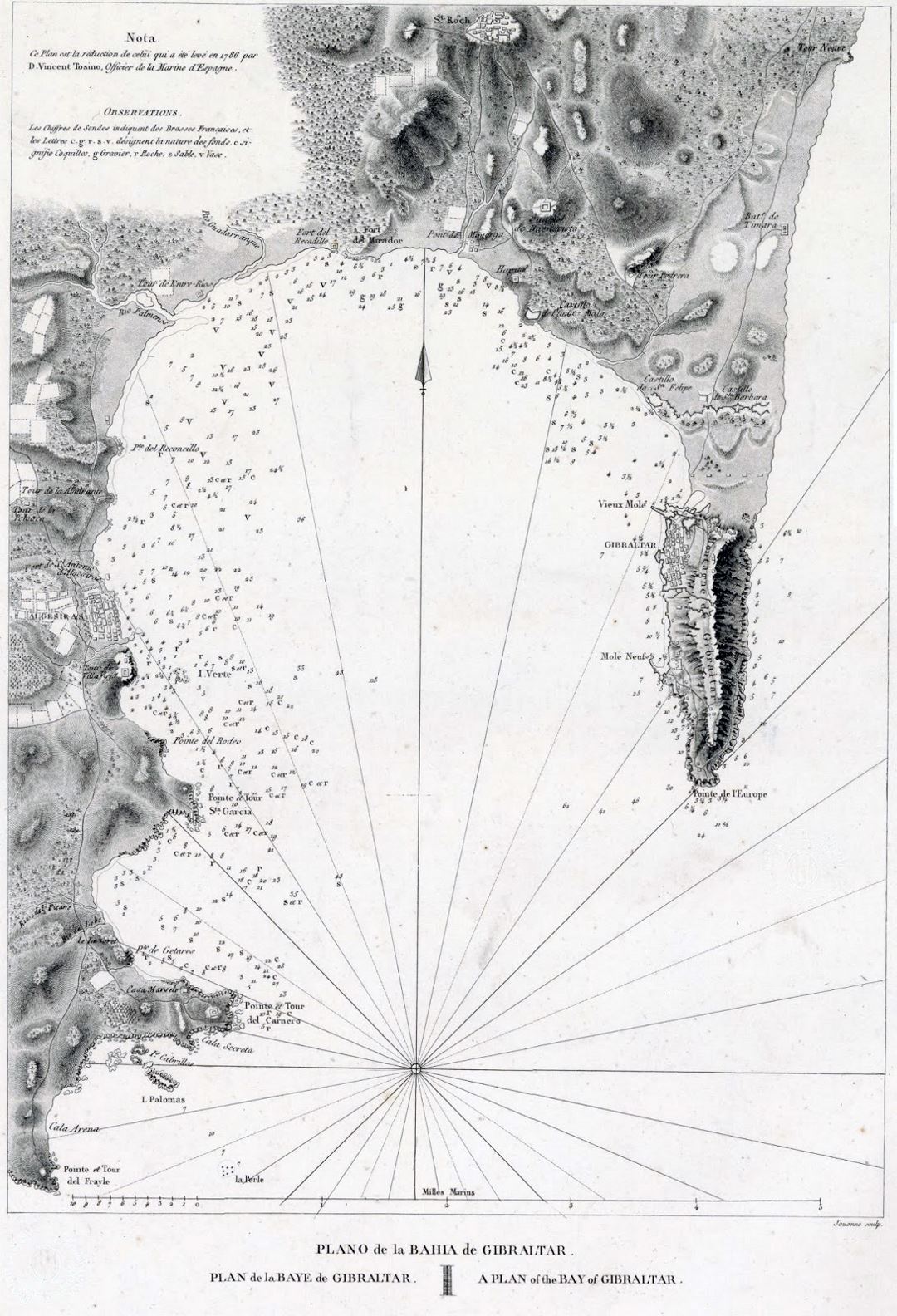 Mapa grande antiguo de Gibraltar con alivio - 1786