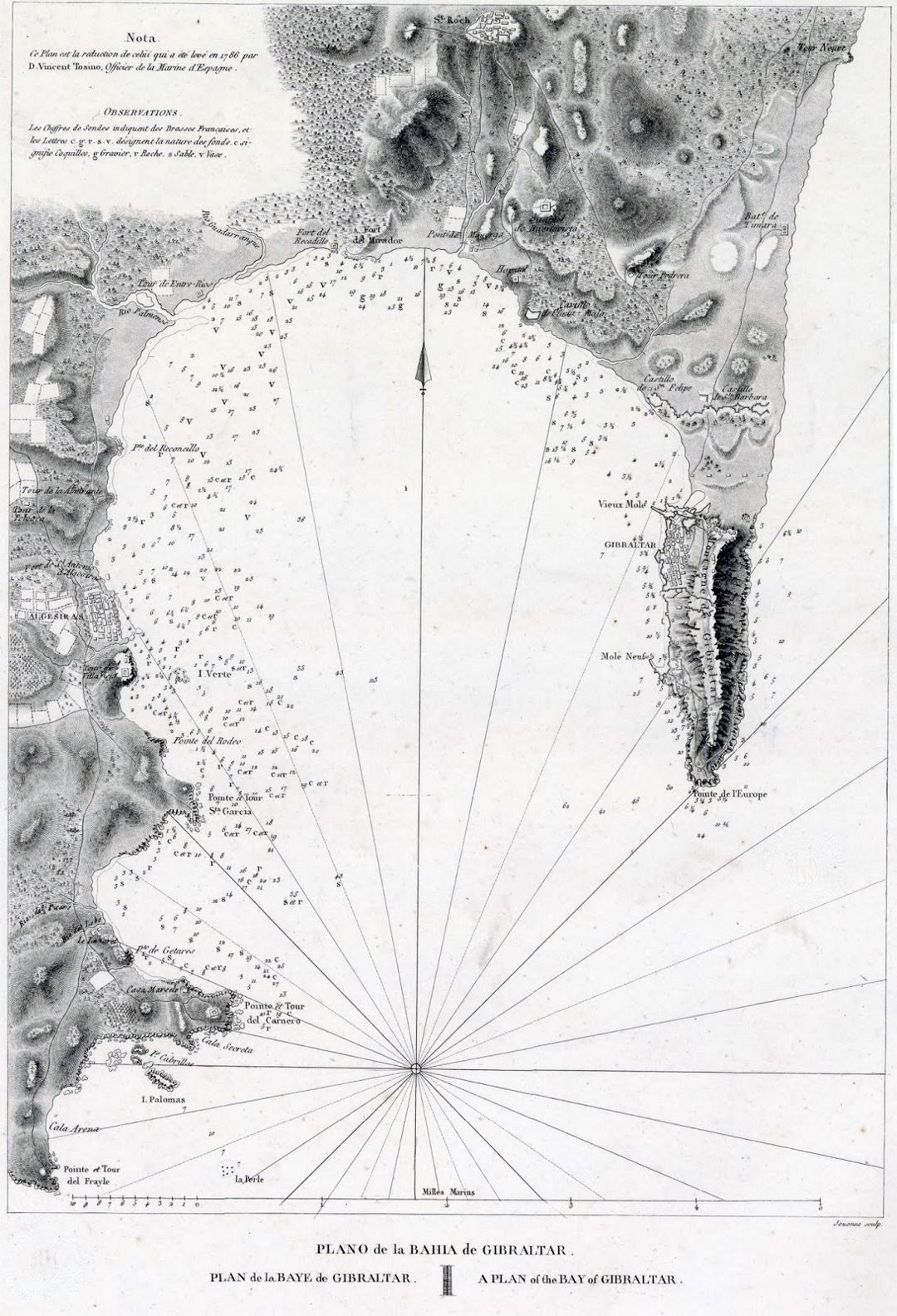 Mapa grande antiguo de Gibraltar con alivio - 1786