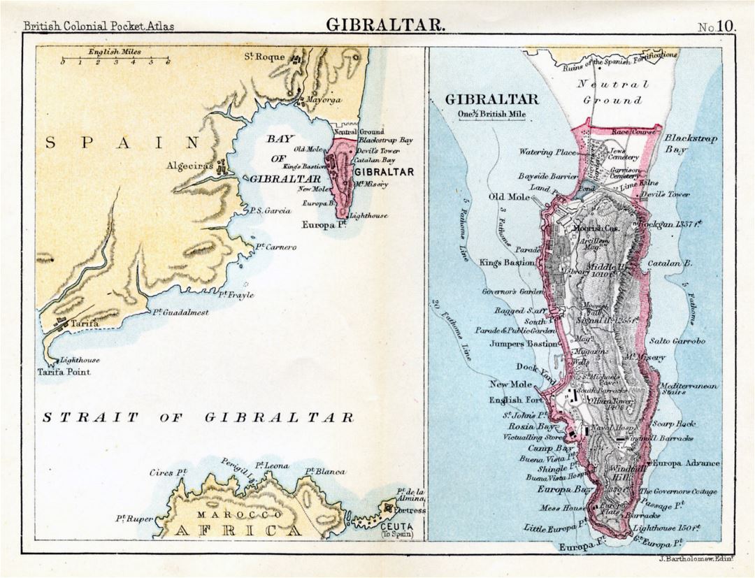 Mapa grande antiguo de Gibraltar con el alivio