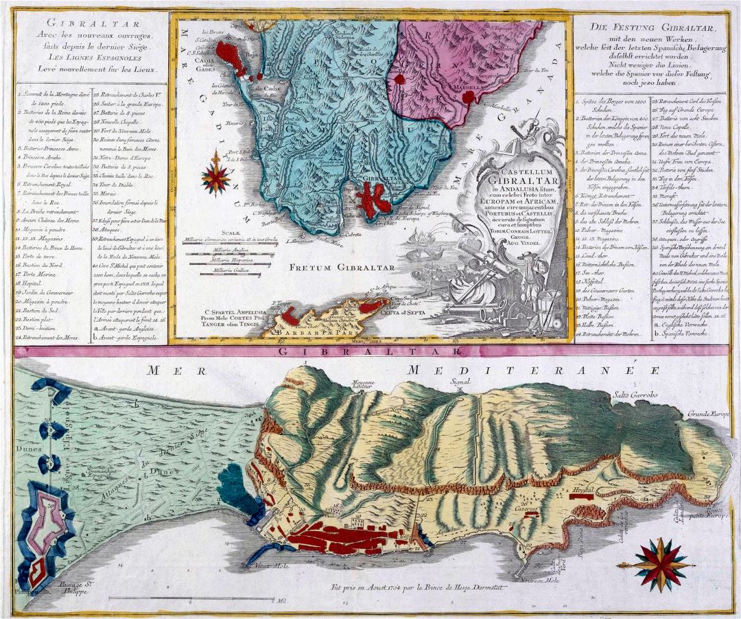 Mapa grande panorámica antigua de Gibraltar - 1756