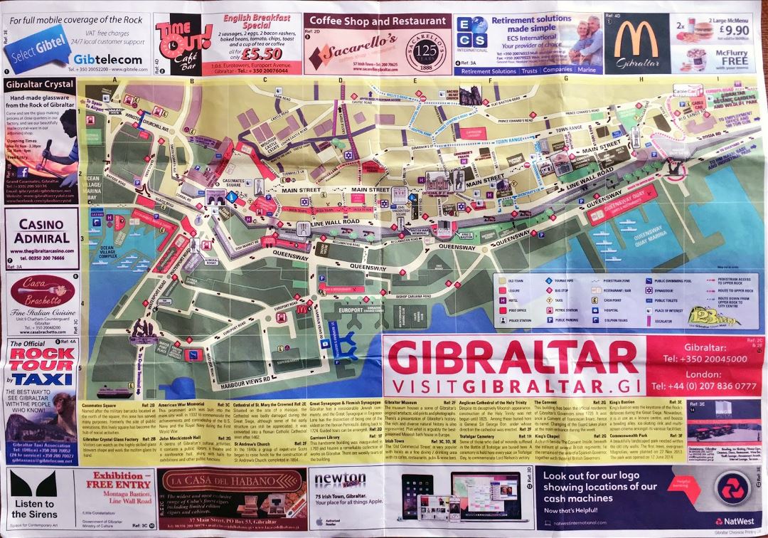 Mapa grande turística detallada de la ciudad de Gibraltar