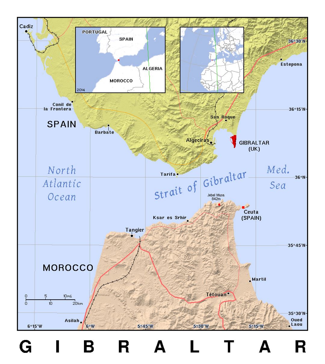Mapa político detallada de Gibraltar con alivio