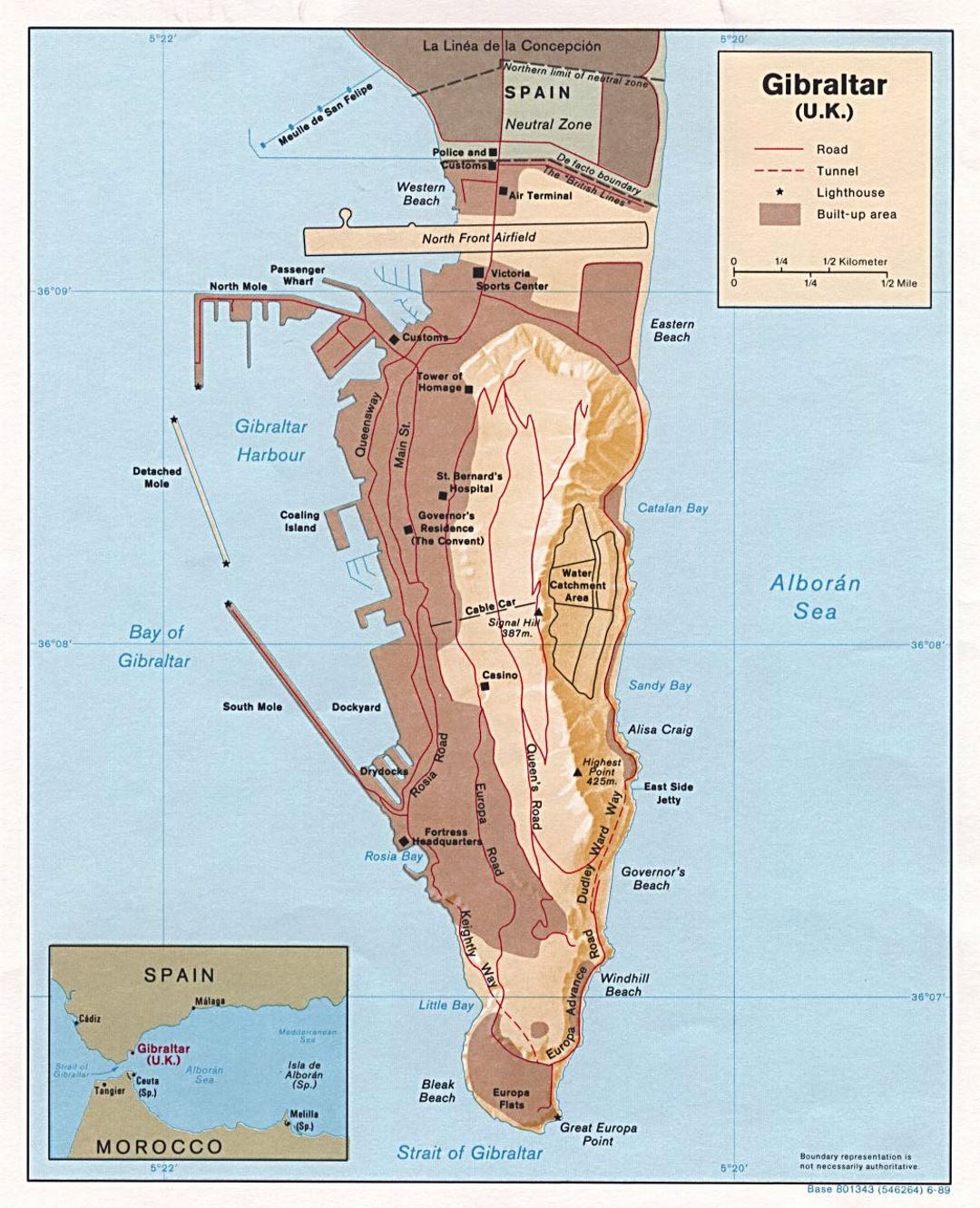 Mapa político grande de Gibraltar con alivio - 1989