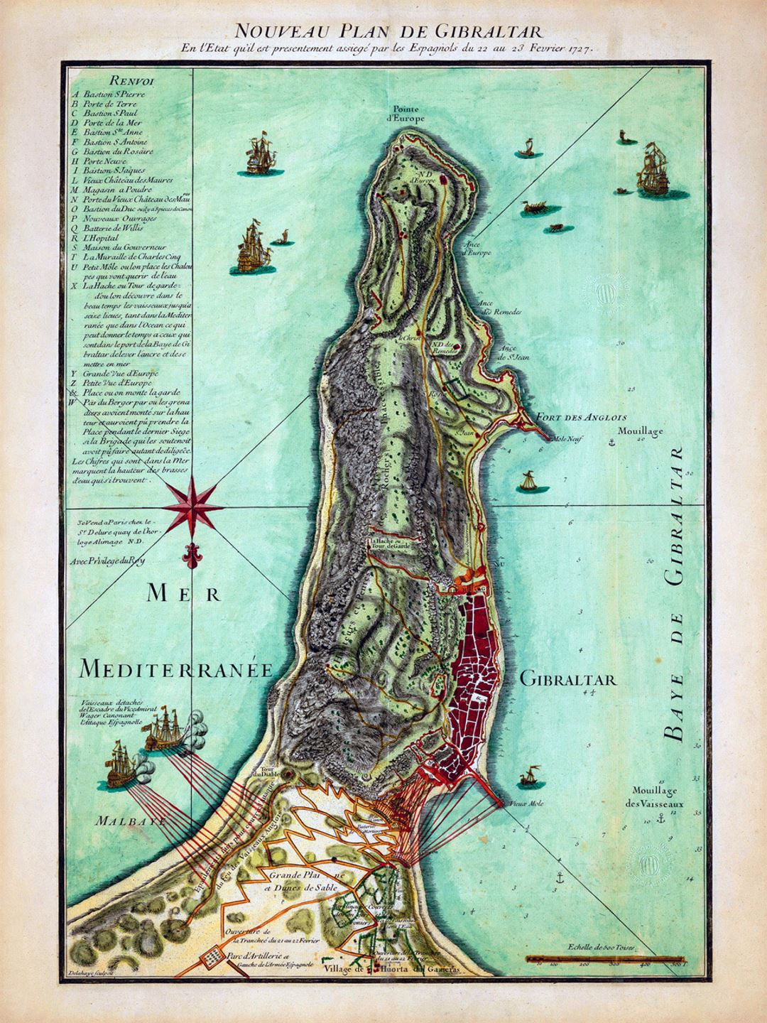 Viejo mapa detallado de Gibraltar con alivio - 1727