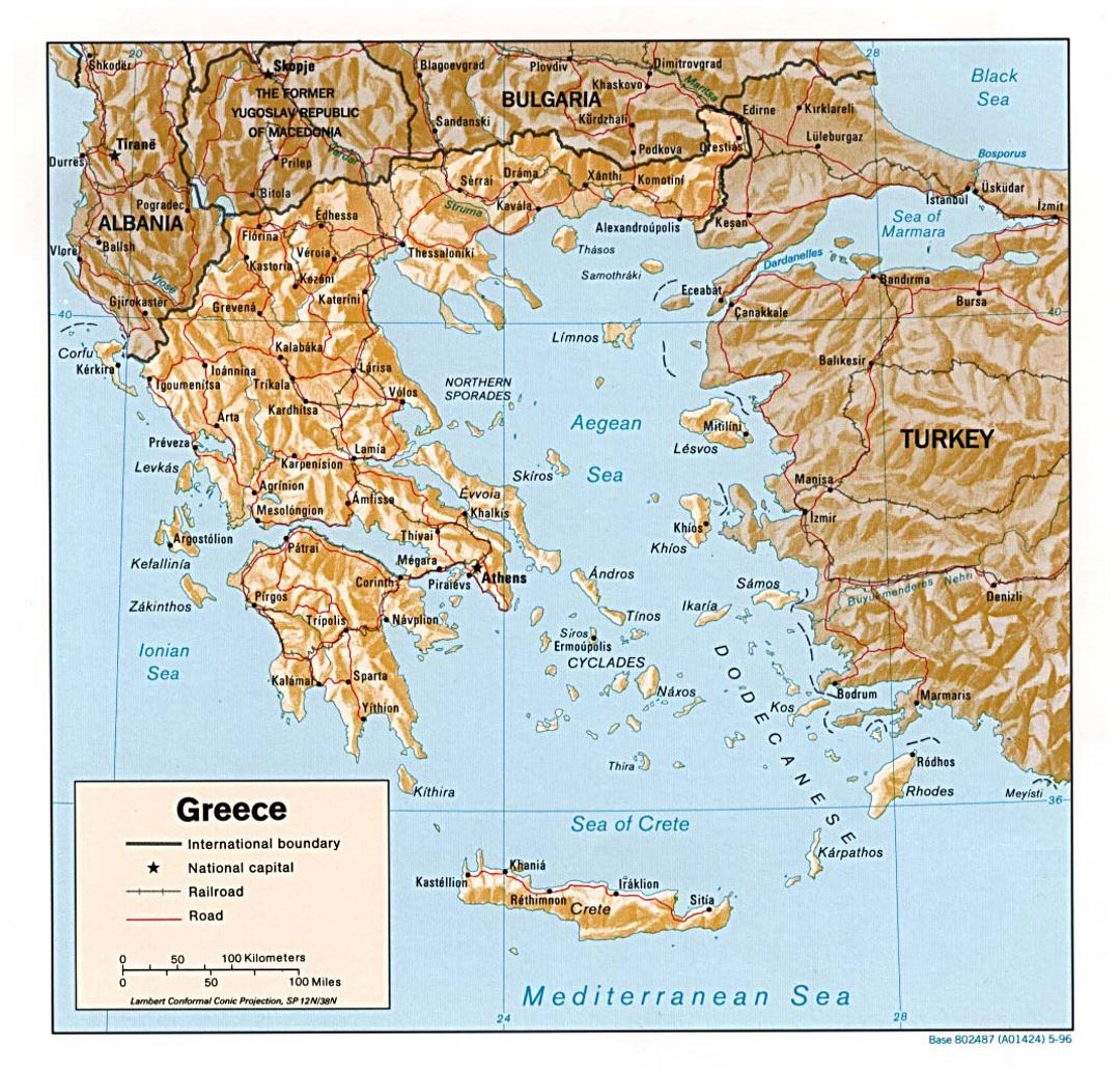 Detallada mapa político de Grecia con de socorro, las carreteras y las principales ciudades - 1996
