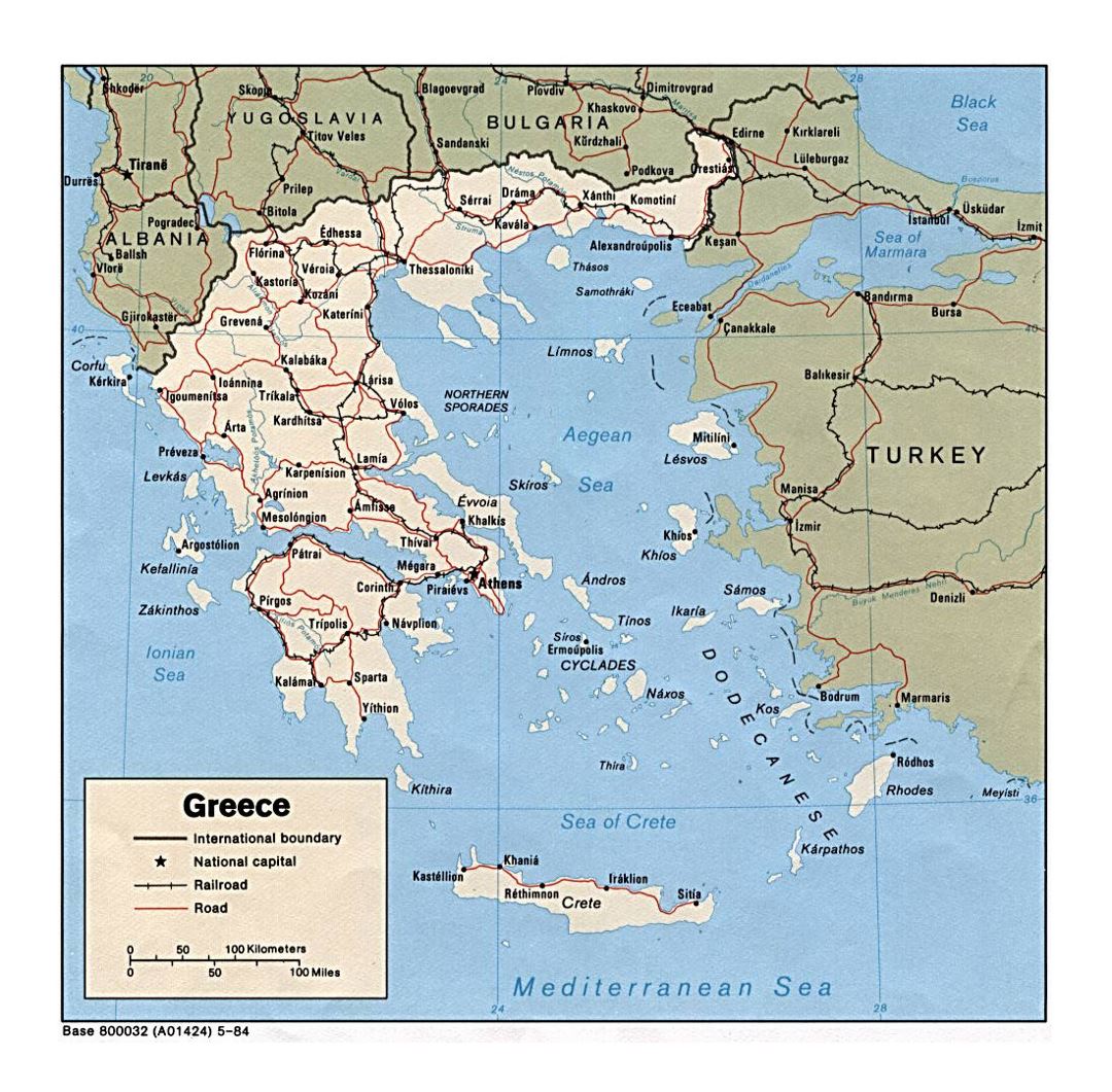 Detallada mapa político de Grecia con las carreteras y las principales ciudades - 1984