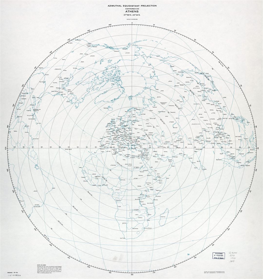 Gran escala de detalle azimutal equidistante proyección cartográfica centrada en Atenas - 1970