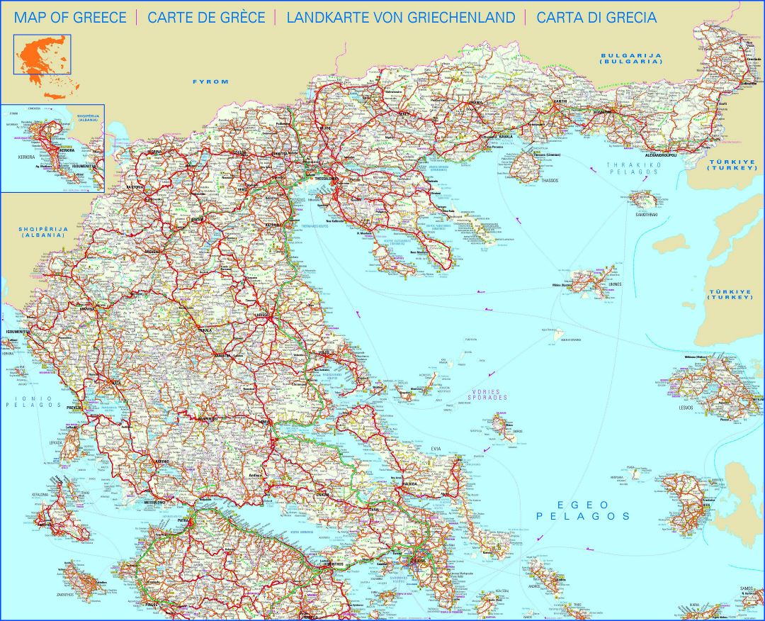 Gran hoja de ruta de Grecia con todas las ciudades
