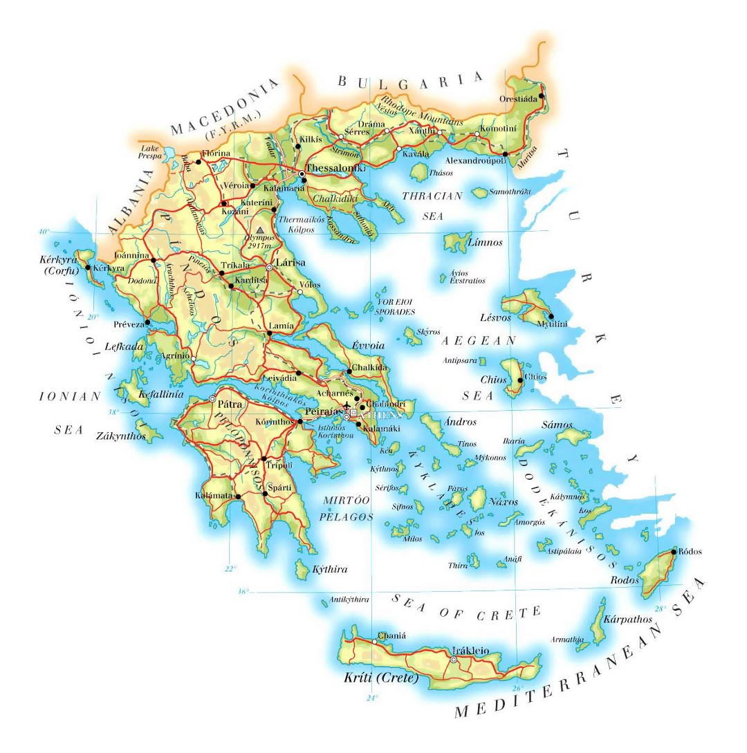 Mapa de elevación detallada de Grecia con carreteras, ciudades y aeropuertos