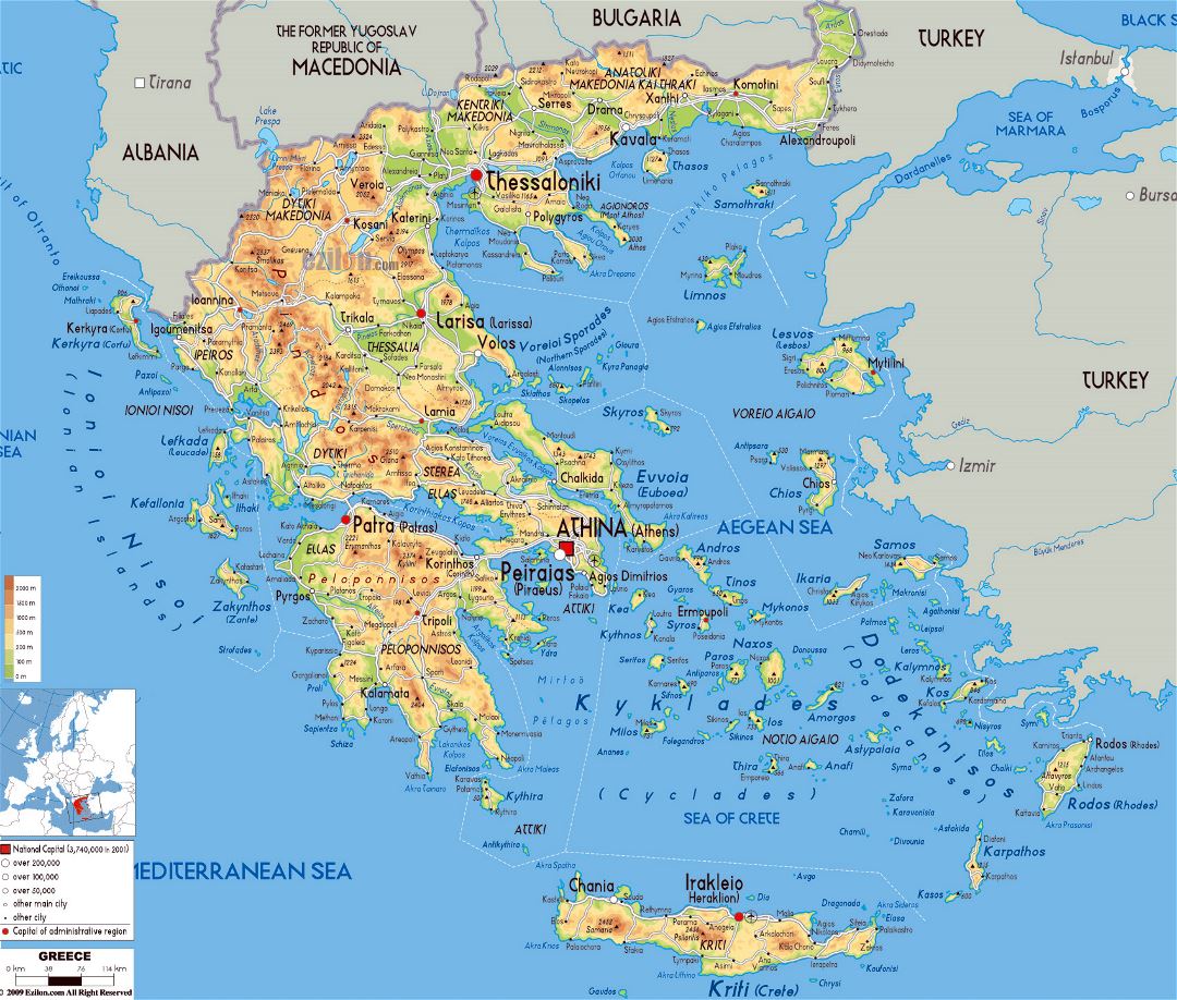 Mapa físico grande de Grecia, con carreteras, ciudades y aeropuertos