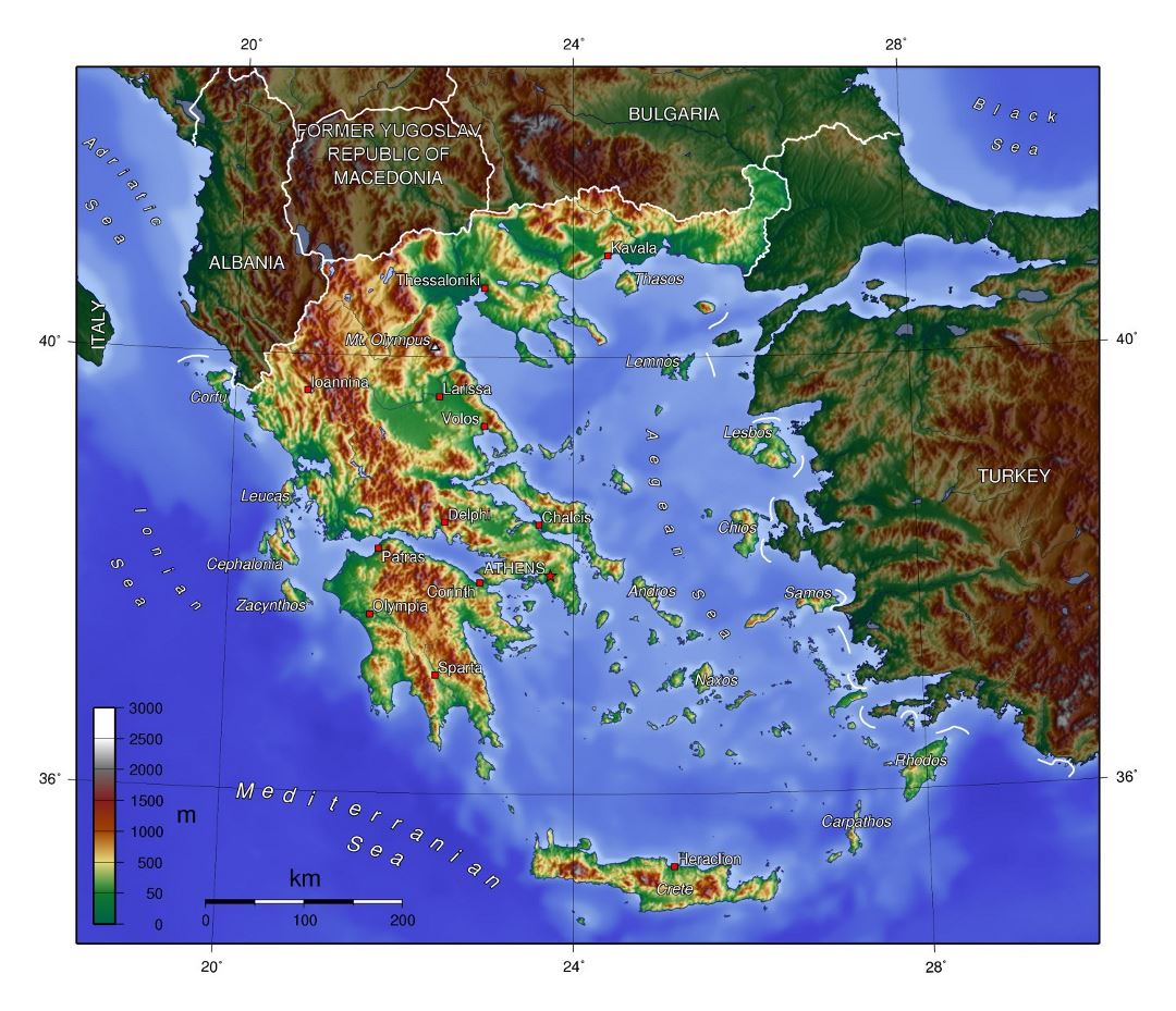 Mapa físico grande de Grecia