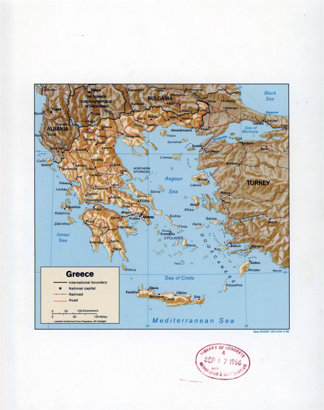 Mapa grande detallada política de Grecia con alivio, marcas de carreteras, ferrocarriles y las principales ciudades - 1996