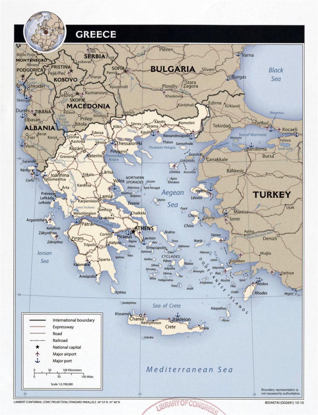 Mapa grande detallada política de Grecia con las carreteras, las principales ciudades, aeropuertos y puertos marítimos - 2010