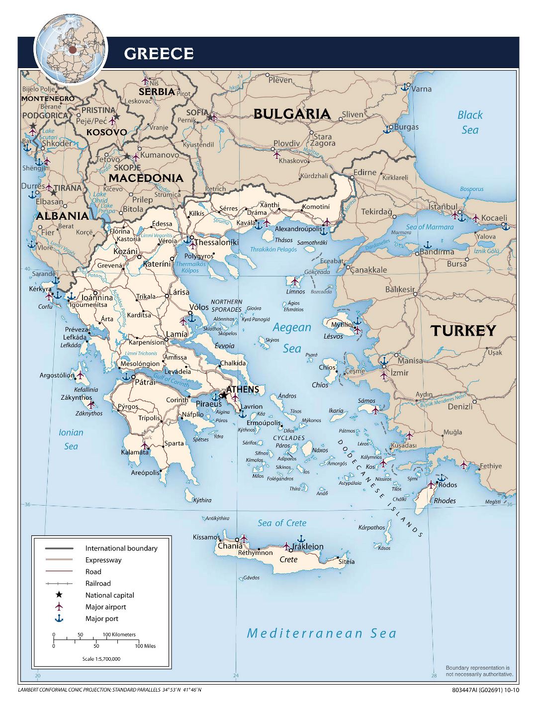 Mapa político a gran escala de Grecia con las carreteras, las principales ciudades, aeropuertos y puertos marítimos - 2010