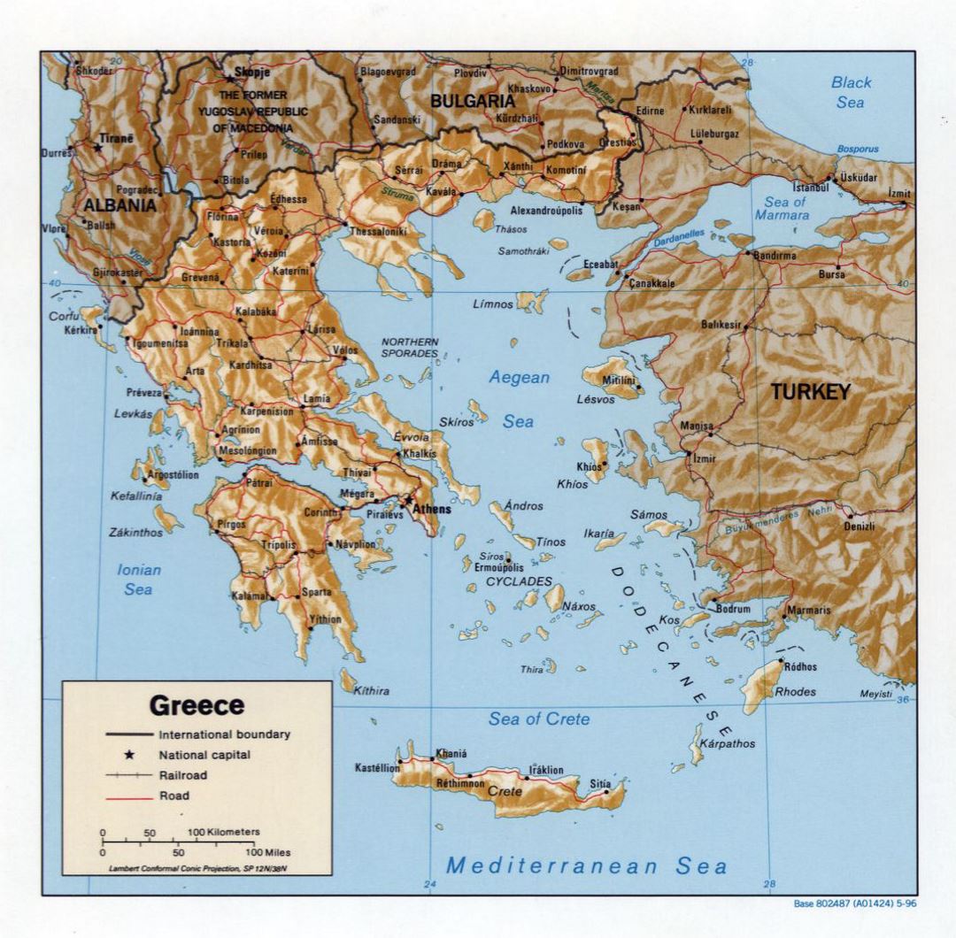 Mapa político de Grecia con gran alivio, las carreteras y las principales ciudades - 1996