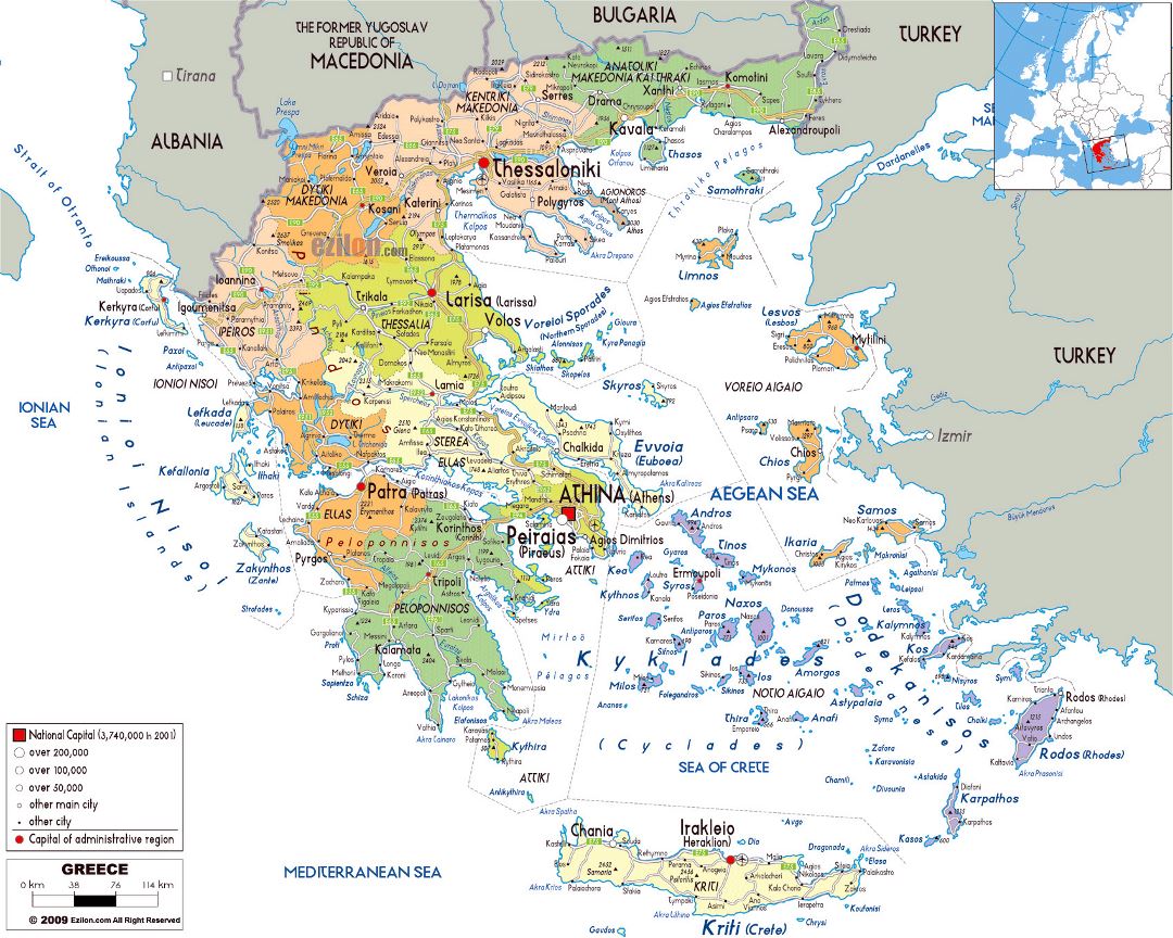 Mapa político y administrativo grande de Grecia, con carreteras, ciudades y aeropuertos