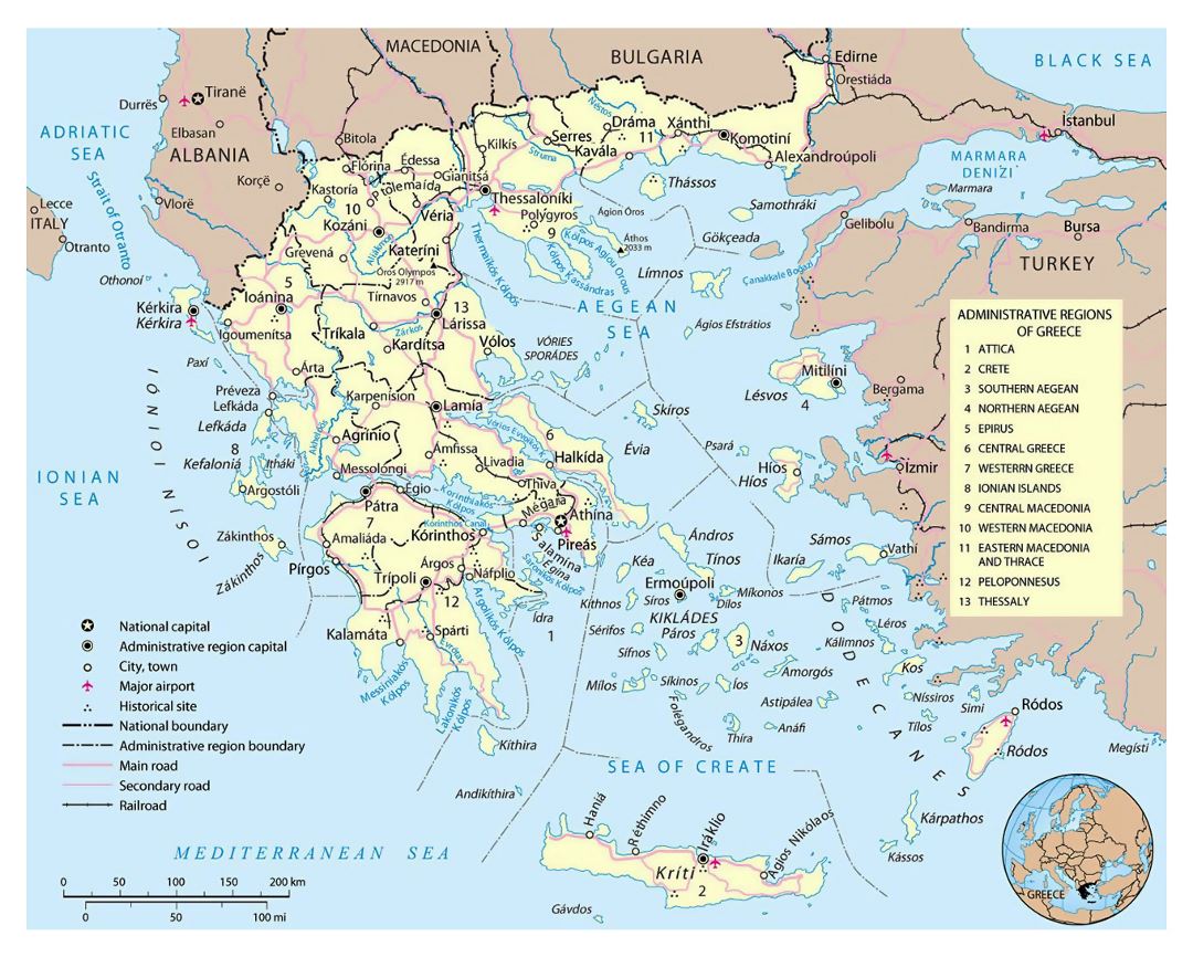 Mapa político y administrativo grande de Grecia con las carreteras, ciudades, aeropuertos y otras marcas