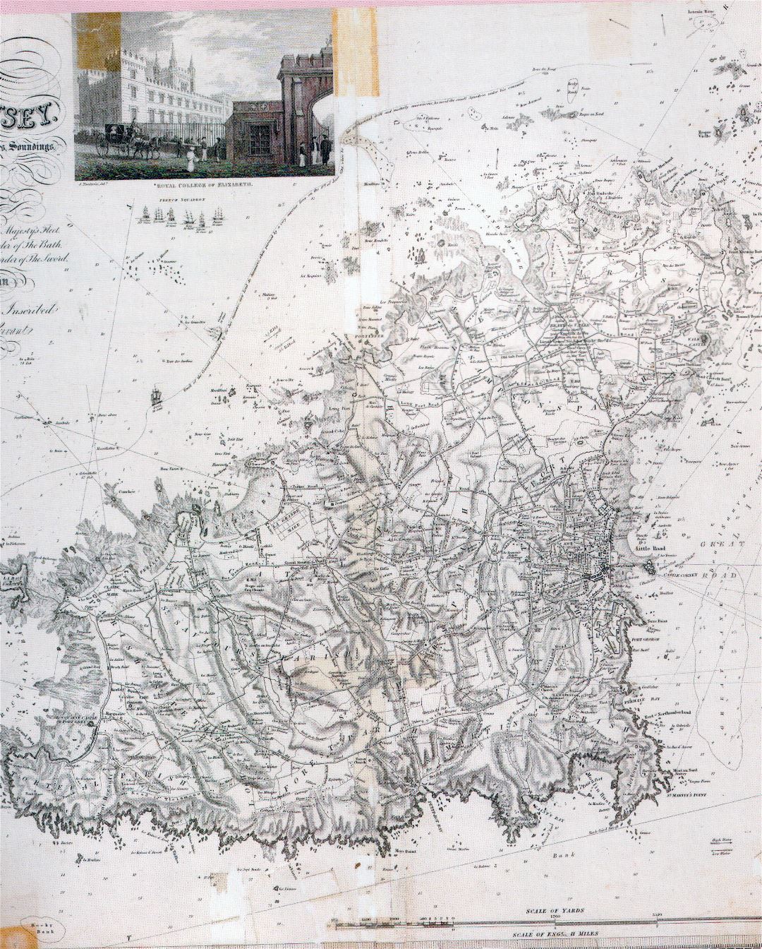 Mapa grande de edad detallado de Guernesey con carreteras, ciudades y alivio - 1835