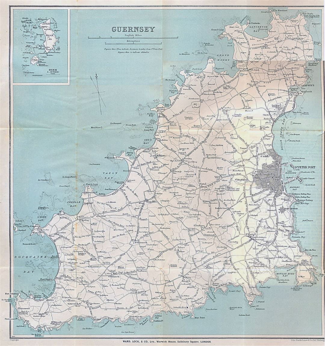 Mapa grande de edad detallado de Guernesey con todas las carreteras y ciudades - 1930