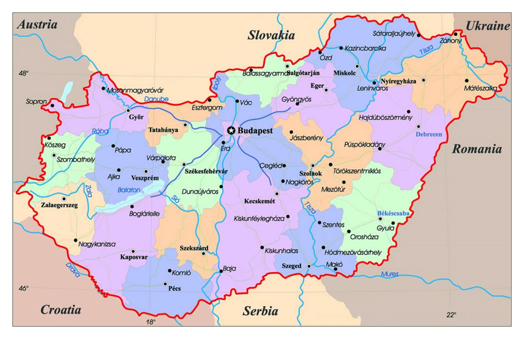 Mapa administrativo de Hungría con las principales ciudades