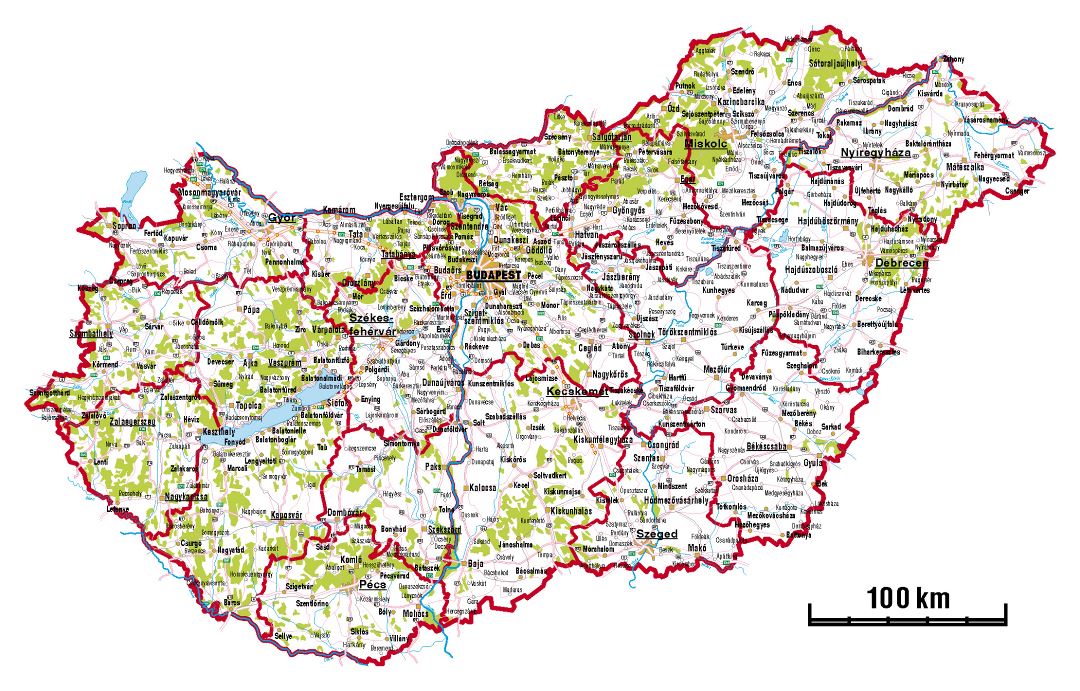 Mapa administrativo grande de Hungría con las carreteras y ciudades