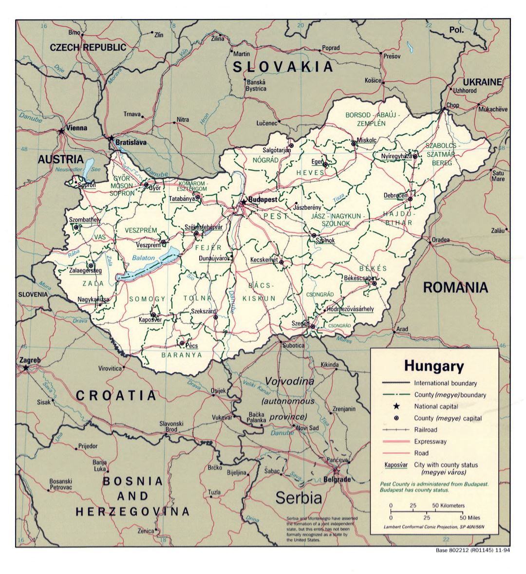 Mapa grande detallada política y administrativa de Hungría con las carreteras y las principales ciudades - 1994