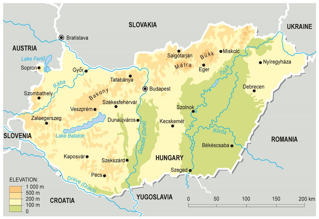 Mapa grande elevación detallada de Hungría