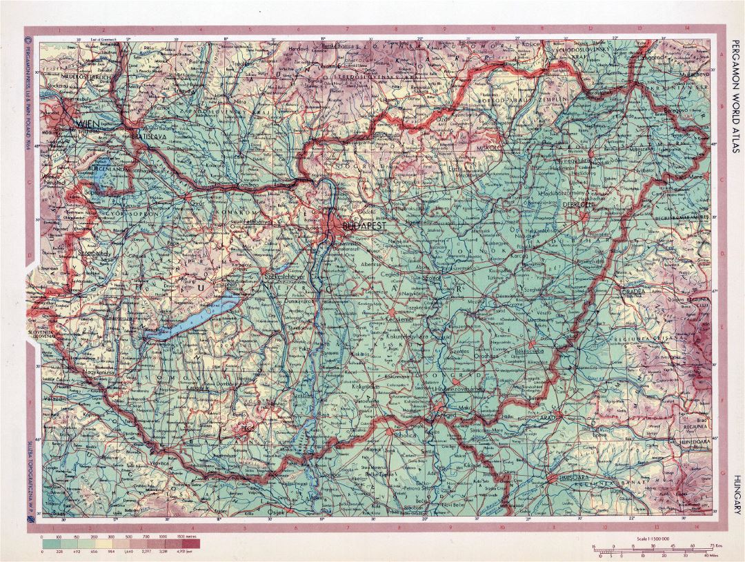 Mapa grande física antigua de Hungría