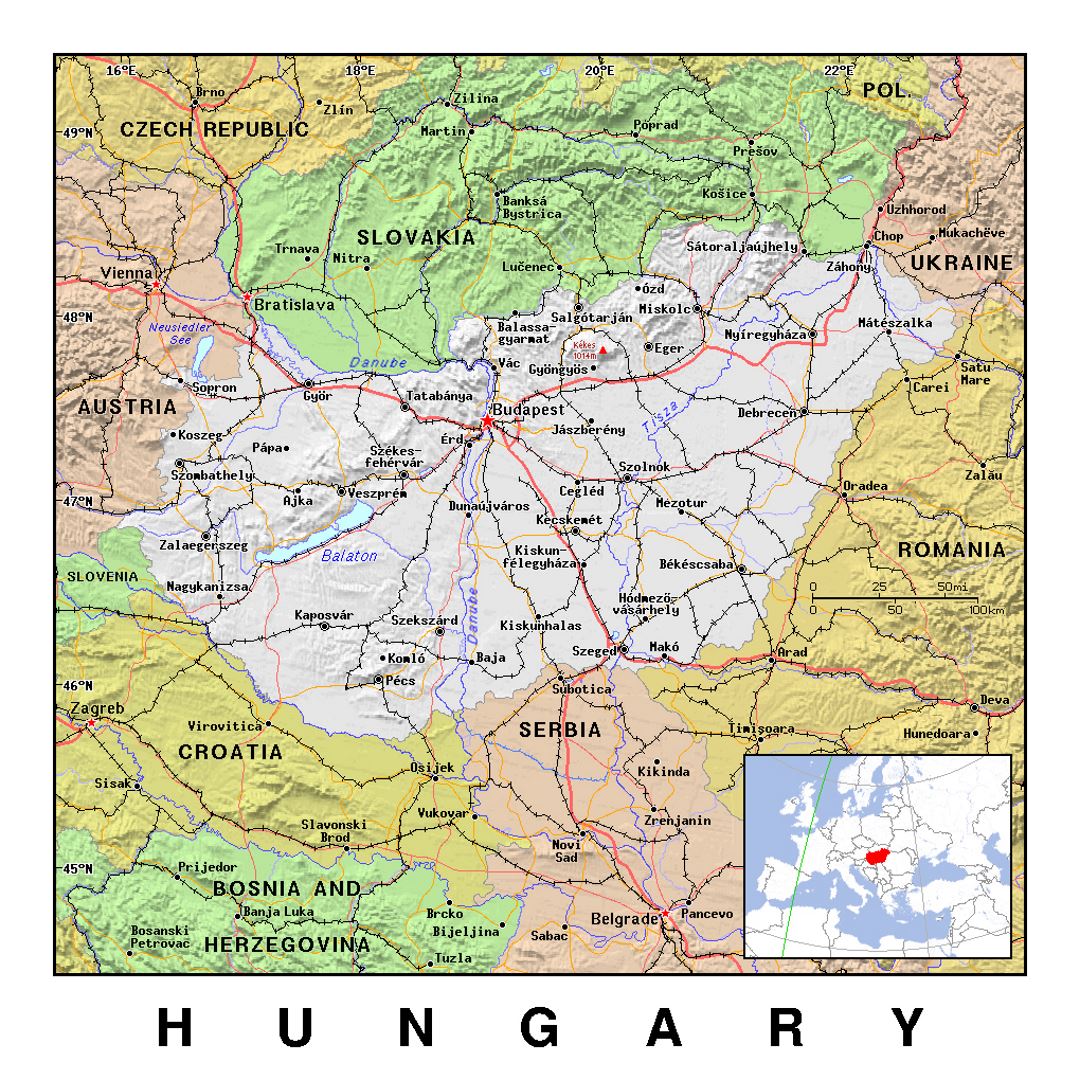 Mapa político detallada de Hungría con alivio