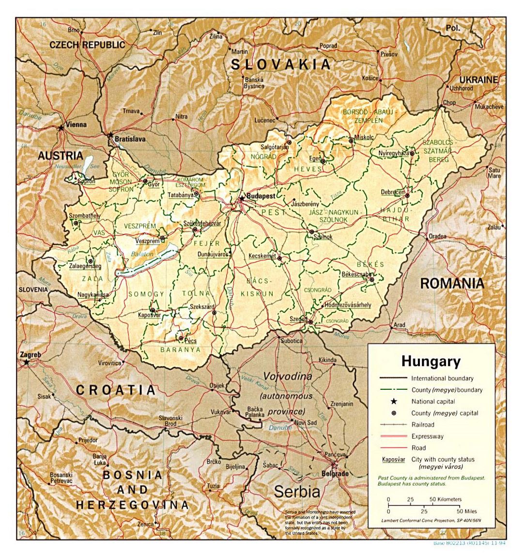 Mapa político y administrativo grande de Hungría con alivio, las carreteras y las principales ciudades - 1994