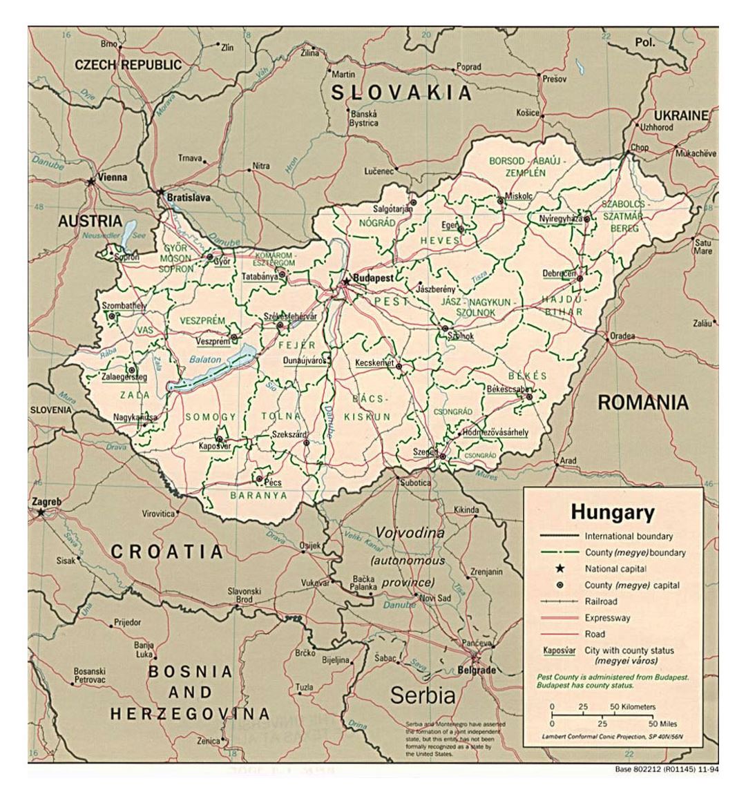 Mapa político y administrativo grande de Hungría con las carreteras y las principales ciudades - 1994