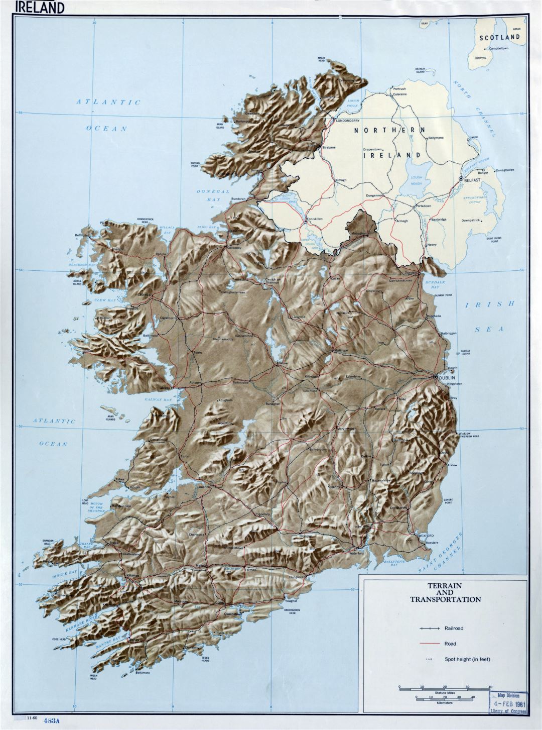 A gran escala detallada terreno y transporte mapa de Irlanda - 1960
