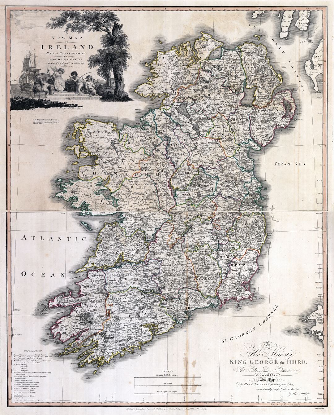 A gran escala político y administrativo antiguo mapa de Irlanda con ciudades - 1797