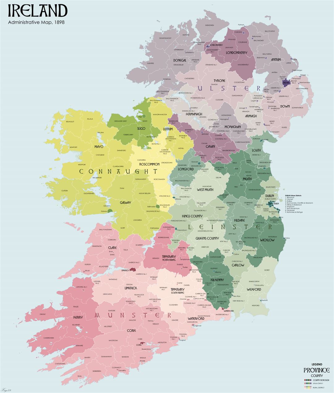 Gran detalle administrativas divisiones mapa de Irlanda