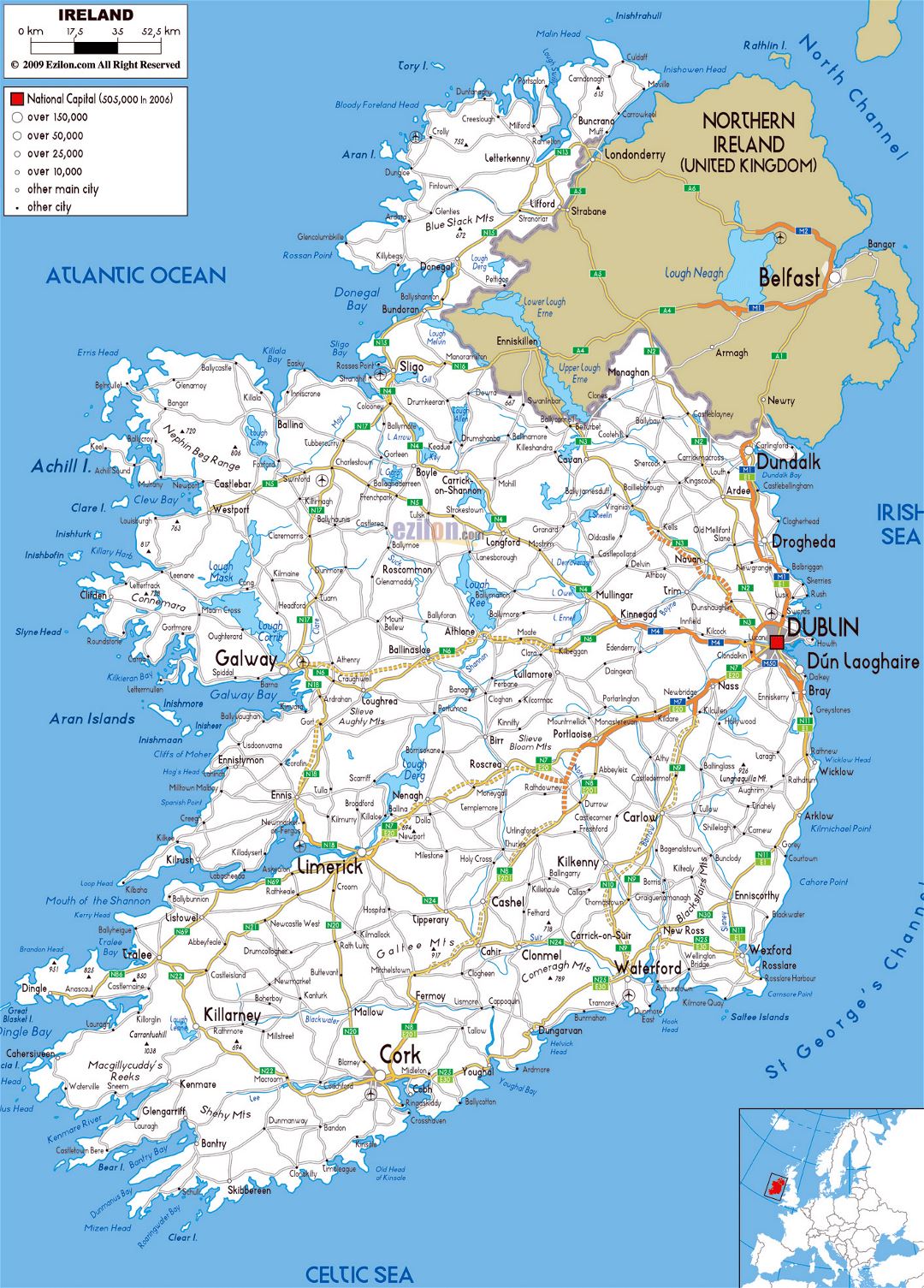 Gran mapa de carreteras de Irlanda con las ciudades y aeropuertos